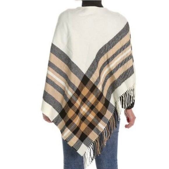 NWT Kelly & Katie V. Fraas Plaid Poncho Fringe Trim Black Beige Ivory OSFM - Picture 2 of 11